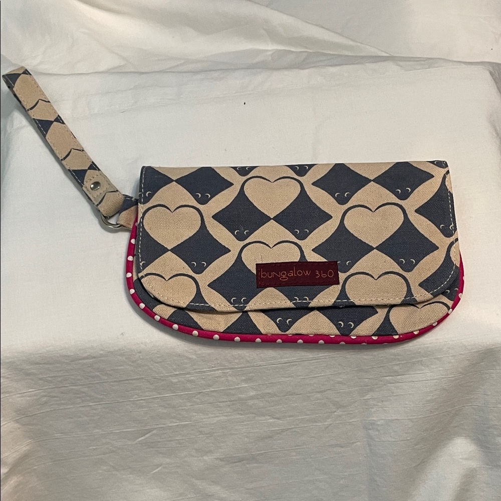bungalow 360 Navy & Cream Heart Print Wristlet with Pink Trim